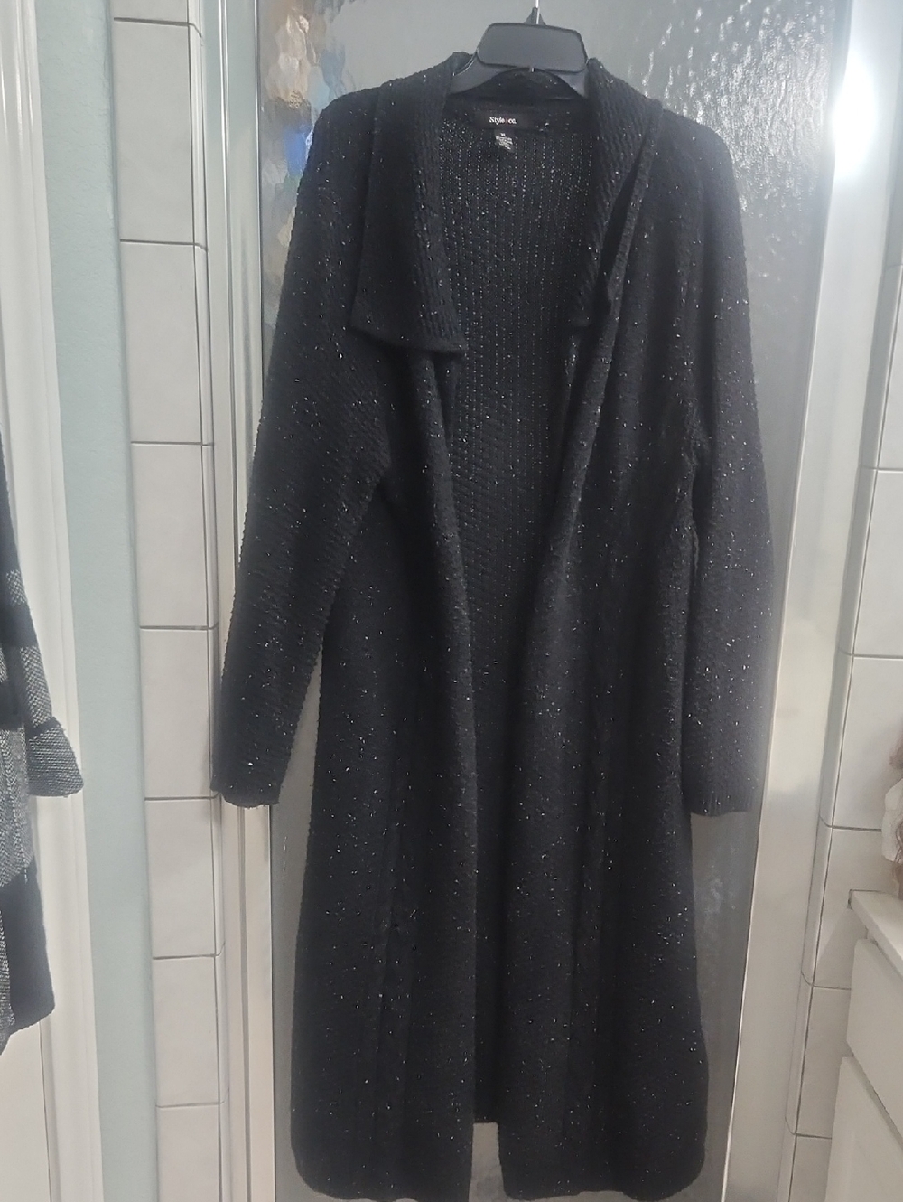 Style & Co. Black Long Open-Front Cardigan with Subtle Gray Flecks
